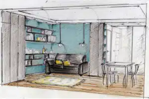 Esquisse Salon et Bibliothèque