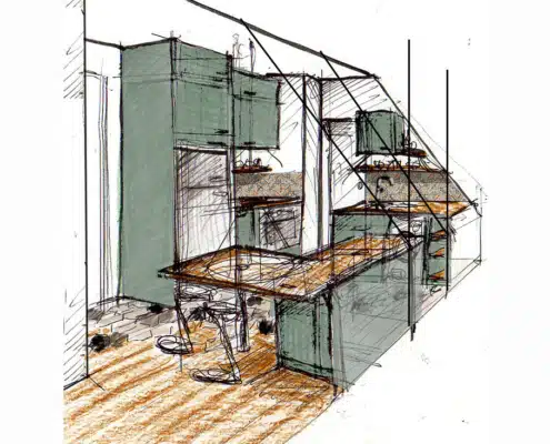 Esquisse cuisine parquet tomettes
