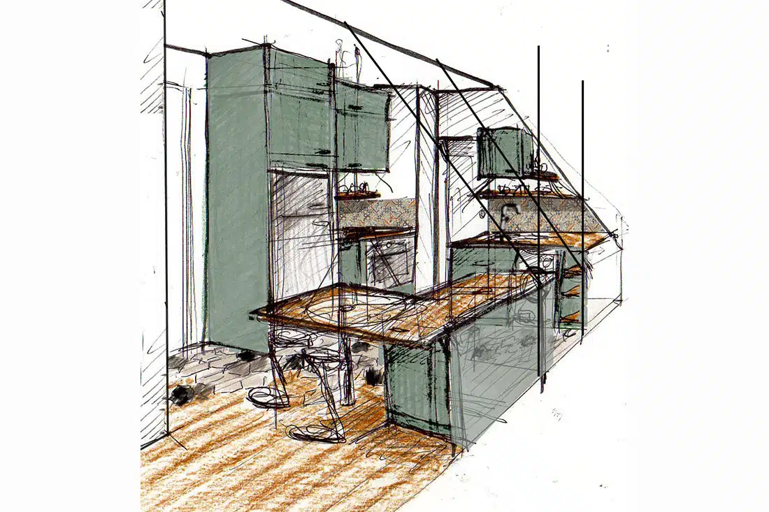 Esquisse cuisine parquet tomettes