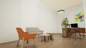 Rénovation de bureaux : perspective 3D du Projet d'Espace Accueil