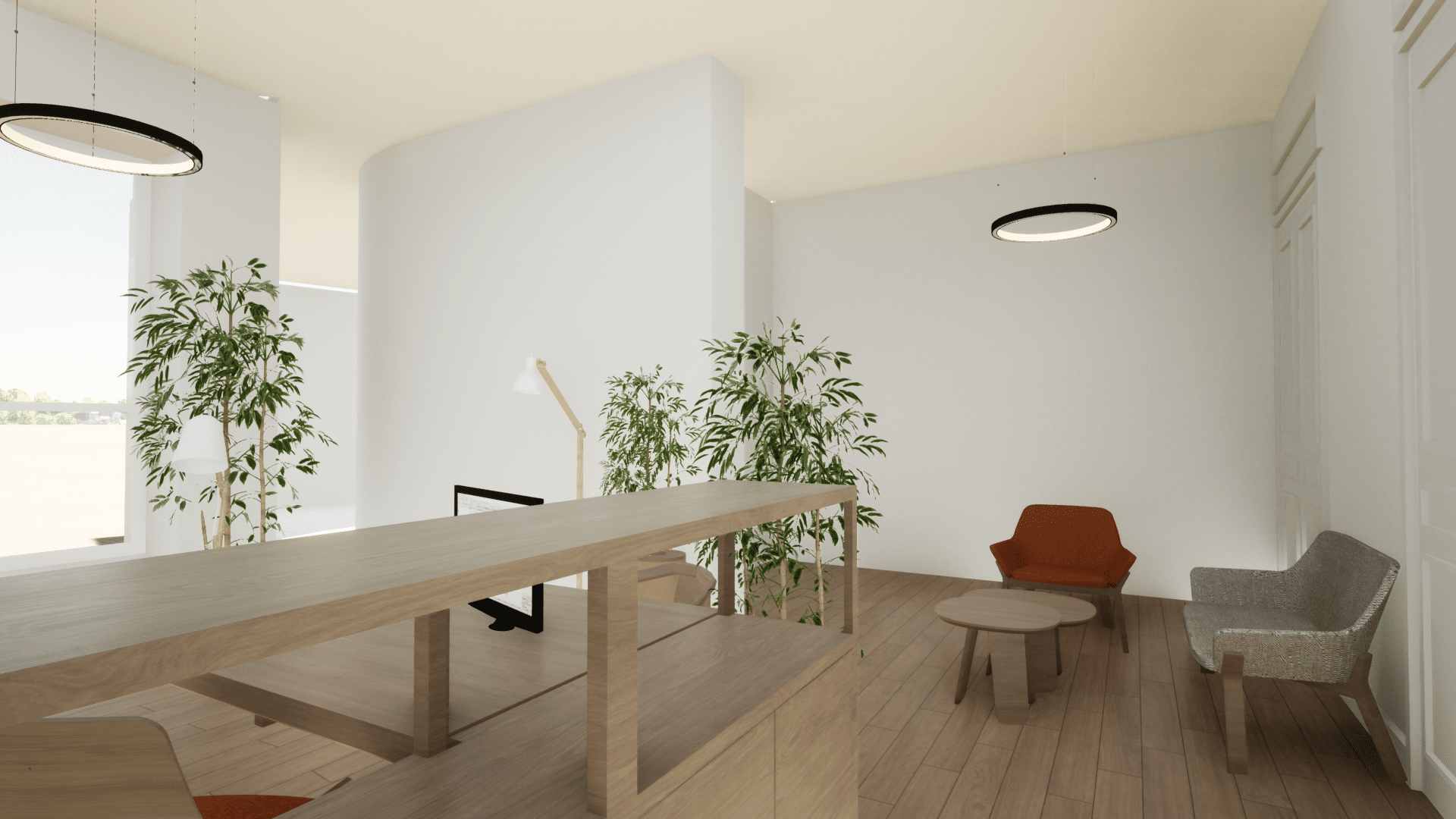 Rénovation de bureaux : perspective 3D du Projet d'Espace Accueil côté rue vue étagère