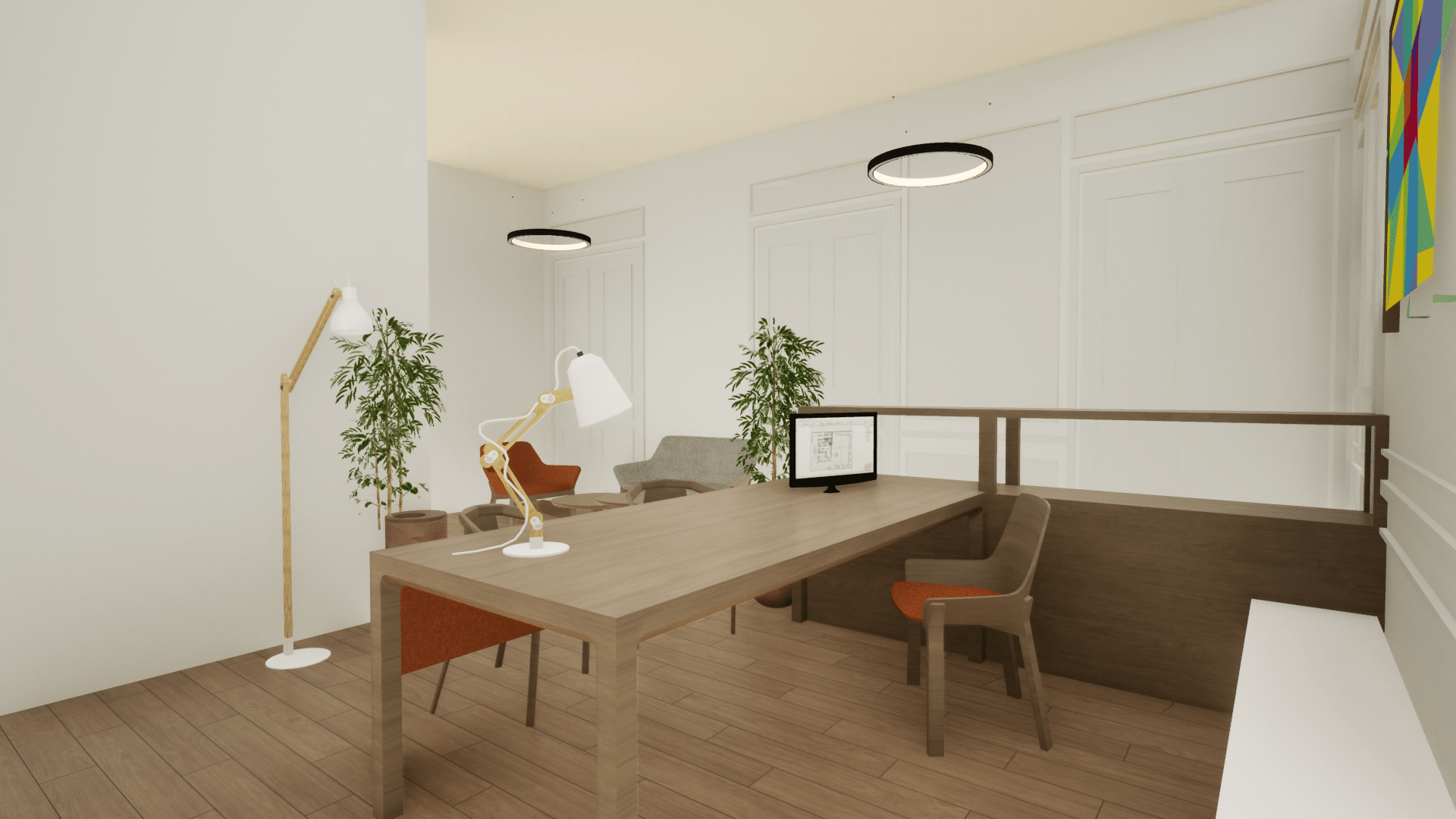 Rénovation de bureaux : perspective 3D du Projet d'Espace Accueil côté rue vue bureau secrétariat